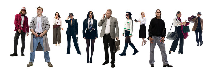 Obraz premium Contemporary office workers in formal and smart casual wear composition. Concept of corporate lifestyle, modern careers, recruitment materials, and business communication. Banner