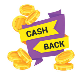 Cash back icon with coins and bright banners showcasing savings on purchases during shopping events or promotions