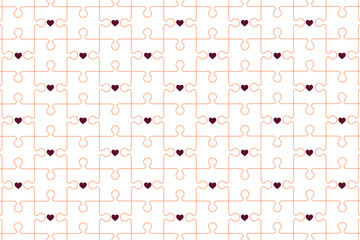 A colorful puzzle pattern with hearts and interlocking pieces on a white background
