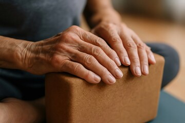 Fototapeta premium Senior person's wrinkled hands finding support and calm on a yoga block, practicing mindfulness and promoting a healthy, balanced lifestyle with gentle exercise