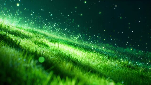Drifting luminous particles hovering above textured grassy slope at twilight, showing bright ridge