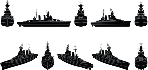 Battleship warship silhouettes collection with naval military vessels isolated on white background black vector illustration set © Art_By_Shoriphul