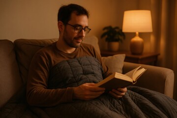 Fototapeta premium Man reading intently on a sofa at home, wrapped in a weighted blanket during a cozy evening, relaxed and thoughtful while enjoying literature and quiet leisure