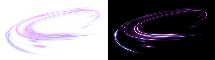 Neon Purple Light Trail Curve, Glow Streak Effect (Transparent & Black Background) © SERHII