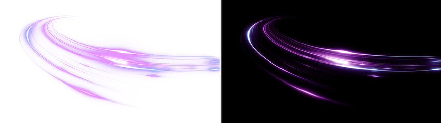 Curved neon purple and magenta light trail with glow and motion blur. Futuristic abstract speed streak for overlays, gaming, sci-fi, energy effects, and dynamic design. © SERHII