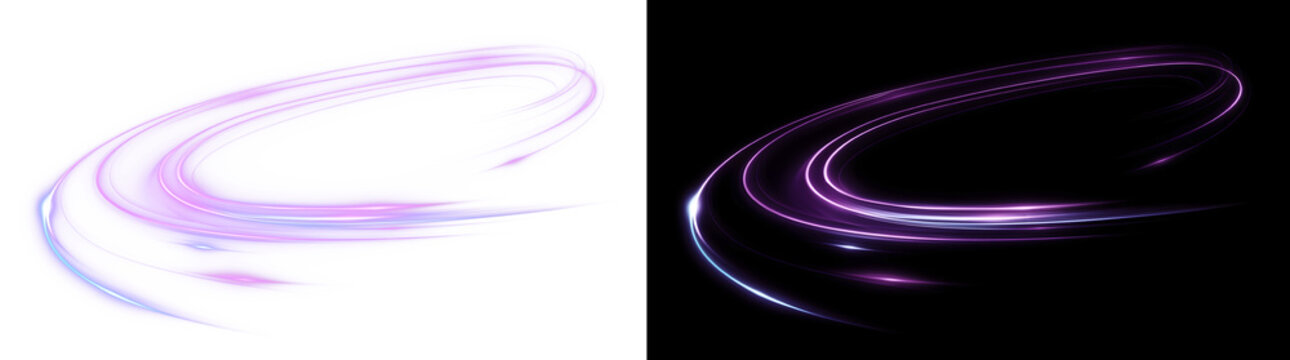 Neon Purple Light Trail Curve, Glow Streak Effect (Transparent & Black Background)