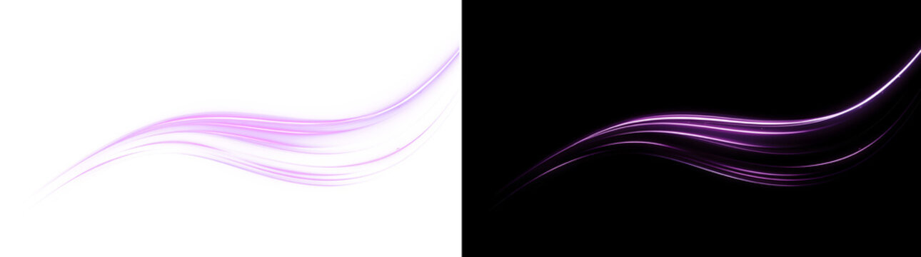 Abstract neon purple swirl swoosh with luminous glow and curved light trails.Ideal for energy overlays, speed effects, futuristic UI, tech and gaming graphics.