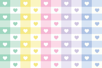 A colorful and vibrant grid pattern featuring pastel hearts and squares in various shades of pink, blue, yellow, and green.
