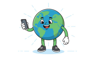 Obraz premium Cartoon Earth Character Holding Smartphone for Global Communication
