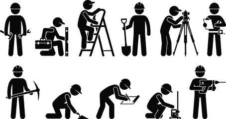 Construction workers silhouettes set with tools ladder tripod drill shovel pickaxe survey equipment isolated on white background icon collection vector illustration © Art_By_Aktarina
