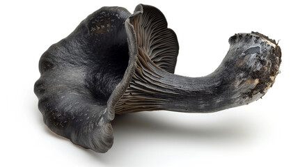 Fototapeta premium Single black trumpet mushroom with a distinct funnel shape isolated on white, representing healthy food and nature