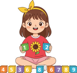 Cute little girl learning numbers with colorful blocks educational cartoon vector illustration isolated on white background © Art_By_Aktarina