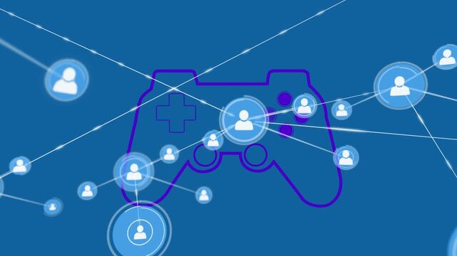 Animation of network of profile icons over video game controller icon against blue background