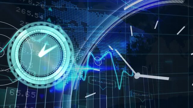 Animation of clock moving over purple digital interface over clock