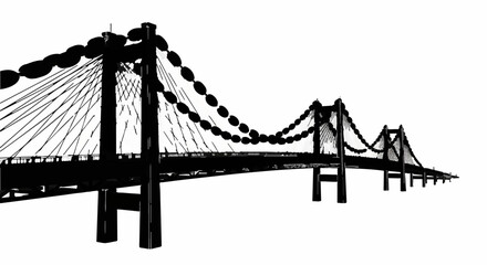 Obraz premium Bold black silhouette of a suspension bridge against a clean white background, symbolizing connection and infrastructure.