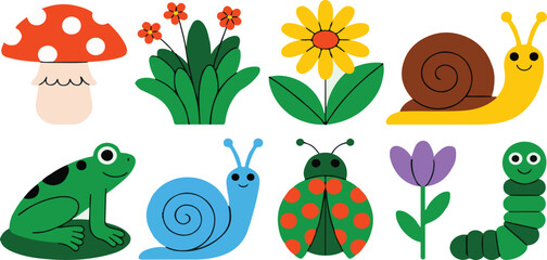 Colorful cartoon garden creatures and plants isolated on transparent background © Creative Studio 