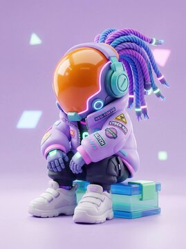 Cyber Kid Figurine, , personnage futuriste de style cyberpunk et 3D cartoon. Le personnage porte une combinaison spatiale moderne 