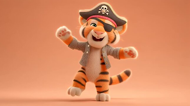 Adorable cartoon tiger dressed as a pirate, wearing an eyepatch and a hat, with a playful expression, against a soft, peachy background
