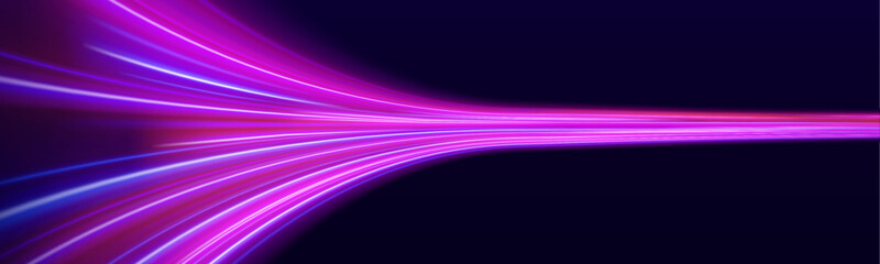 Rainbow speed trail flows swiftly, twisting dynamically across the scene with glowing luminous paths and tiny spark particles. vector © Romstock