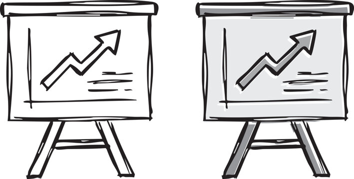 unique Hand drawn doodle of presentation board with rising arrow, business growth and success concept