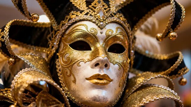 Camera zooming, masked figure leaning forward in ballroom, showing gold mask and jester headpiece