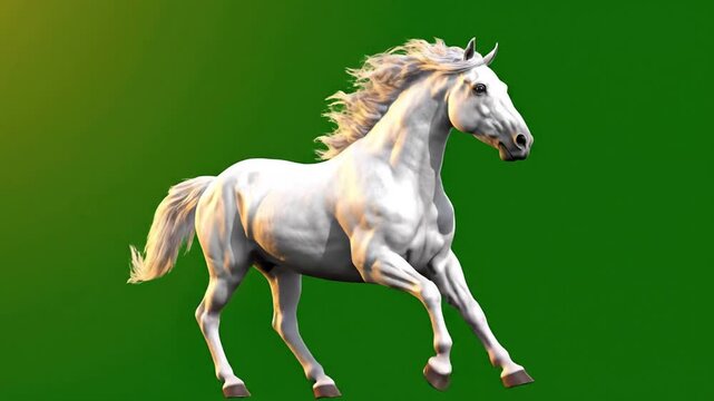 A majestic white horse with flowing mane and tail galloping across a vibrant green background.