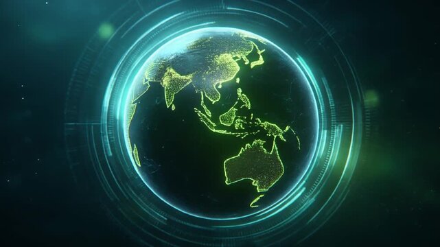 Glowing digital representation of Earth encased in futuristic light rings and a dark, cosmic background