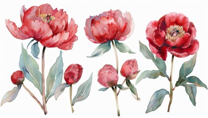 Obraz premium Beautiful red peonies with lush green leaves displayed in a stunning watercolor illustration showcasing natural elegance and floral beauty