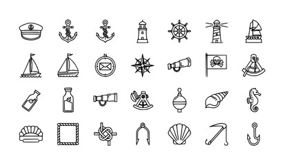 A collection of nautical icons and symbols in a minimalist line art style © MdMursalin