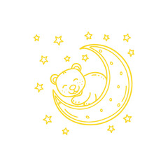 Cute sleeping bear cub on a crescent moon with stars, vector illustration for nursery decor or baby shower invitations. © davis