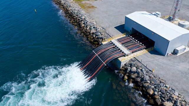 Pumping outfall structure releasing fast water into sea at coastal facility, showing pipe bundle