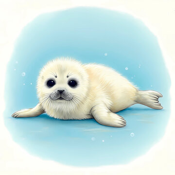 A cute baby Baikal seal on a blue background.