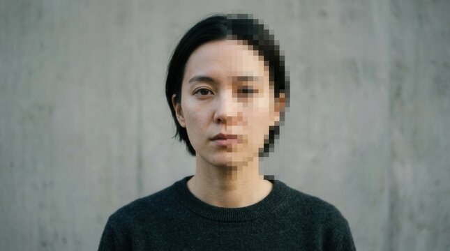 Woman's pixelated face representing digital identity and privacy