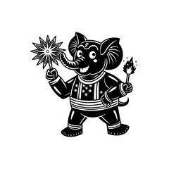 Naklejka premium Black and white illustration of a happy elephant holding sparklers, celebrating a festive occasion.