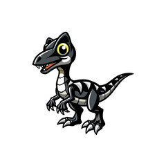 Fototapeta premium Cute cartoon black and white baby raptor dinosaur illustration, perfect for children's designs and prehistoric themes.