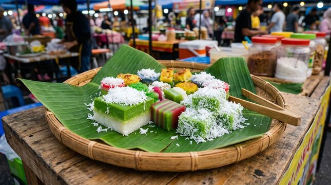 Colorful Southeast Asian Kuih Muih Desserts on Banana Leaf at Market Stall