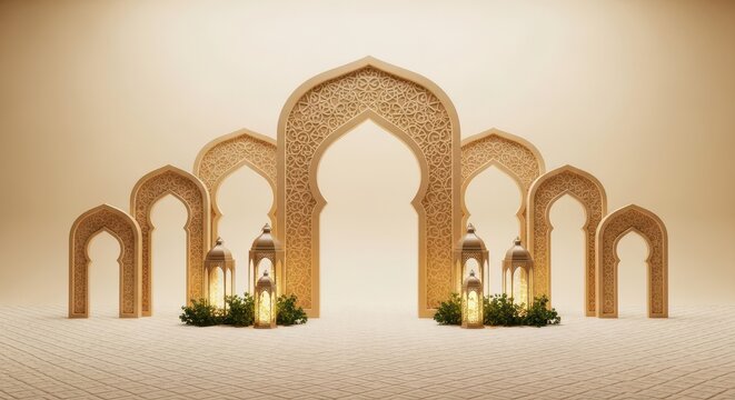 Elegant Islamic festive stage with golden arched doorways and glowing lanterns for Ramadan and Eid celebrations.