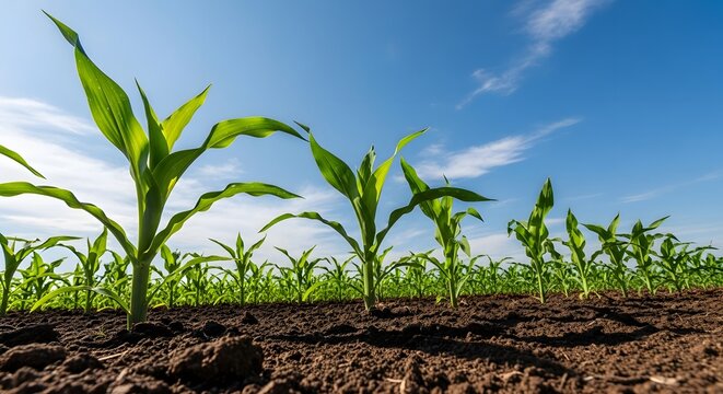 Young corn plants growing in a fertile field under a clear blue sky