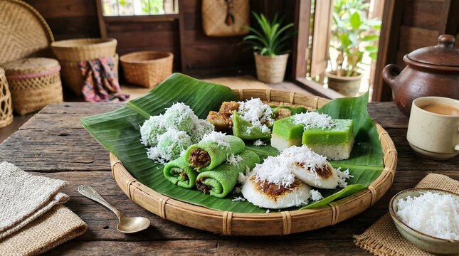 Traditional Malaysian Kuih Muih Assortment on Banana Leaf