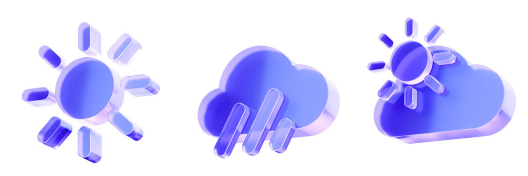 Set 3D Glass weather sun rain cloud icon isolated on transparent background concept of the meteorology forecast Transparent Liquid Glass icon 3D rendering