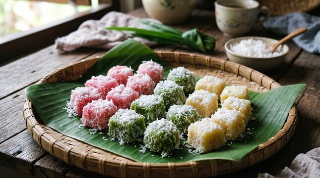 Colorful Kuih Muih desserts with grated coconut on banana leaf, Southeast Asian traditional snacks