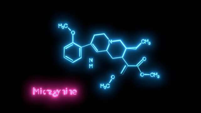 Mitragynine molecule. It is the herbal alkaloid with opiate-like properties produced by plant Mitragyna speciosa Korth, kratom. Structural chemical formula. Neon glowing.