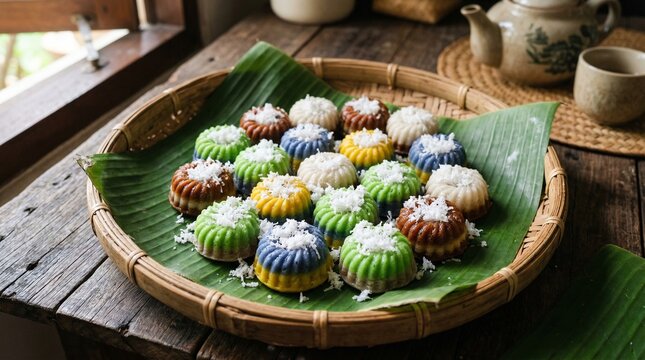 Colorful Kuih Putu Piring Steamed Rice Cakes with Coconut Flakes on Banana Leaf