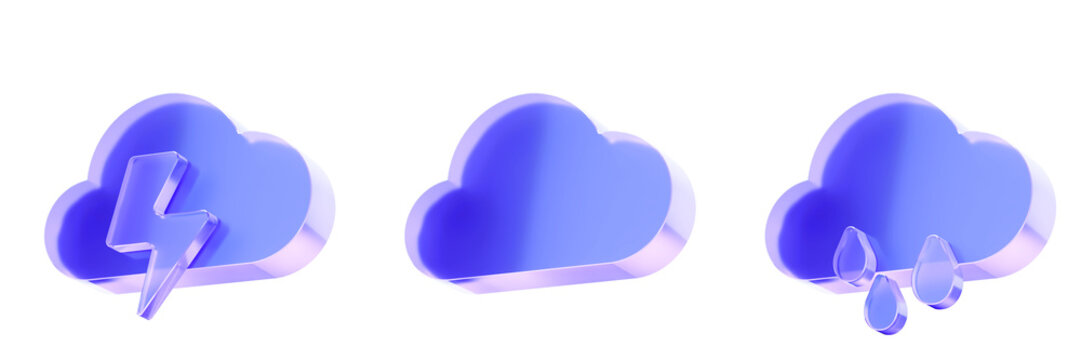 Set 3D Glass thunderstorm cloud rain icon isolated on transparent background, concept of weather forecast meteorology. Transparent Liquid Glass icon. 3D rendering.