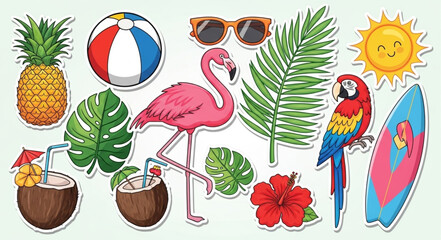 Colorful summer beach vacation elements, perfect for tropical themes and designs. © Rana