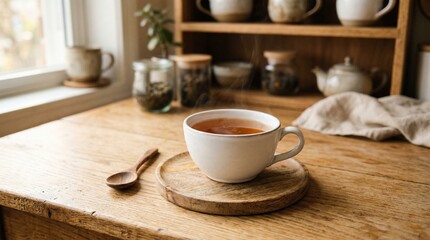 Cozy tea time: warm cup of tea on wooden table, rustic kitchen setting, natural light