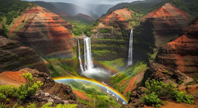 Canyon waterfalls with a rainbow
