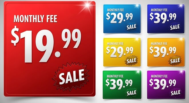 Colorful sale price tags with varying monthly fee offers and promotional text