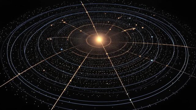 Dazzling Cosmic Visualization With Radiant Star And Intricate Orbits Of Stars In Vast Dark Space Behind