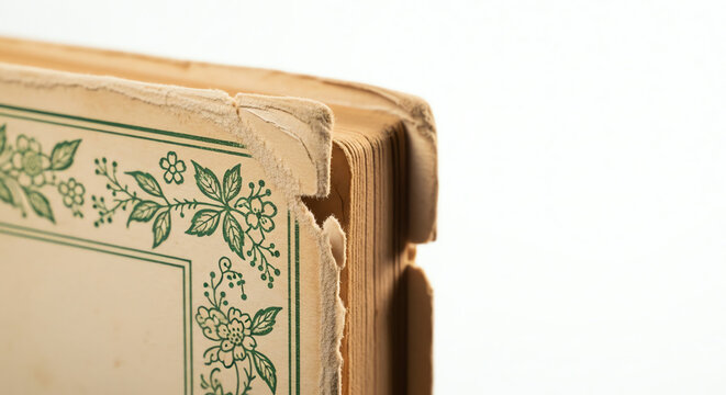 Close-up of a worn, antique book cover with decorative green floral border and torn edges.